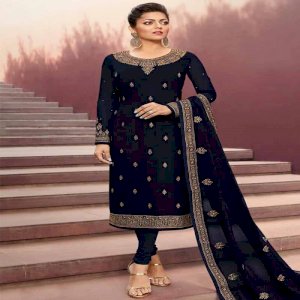 Dark Navy Blue Churidar Suit With Resham Work
