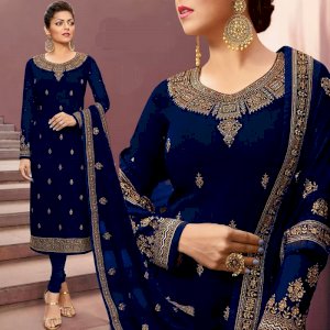 Dark Navy Blue Churidar Suit With Resham Work
