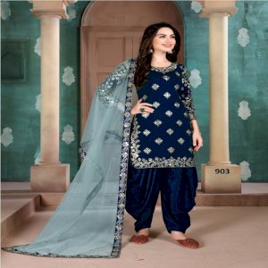 Art Silk Embroidered Punjabi Suit Blue & Red